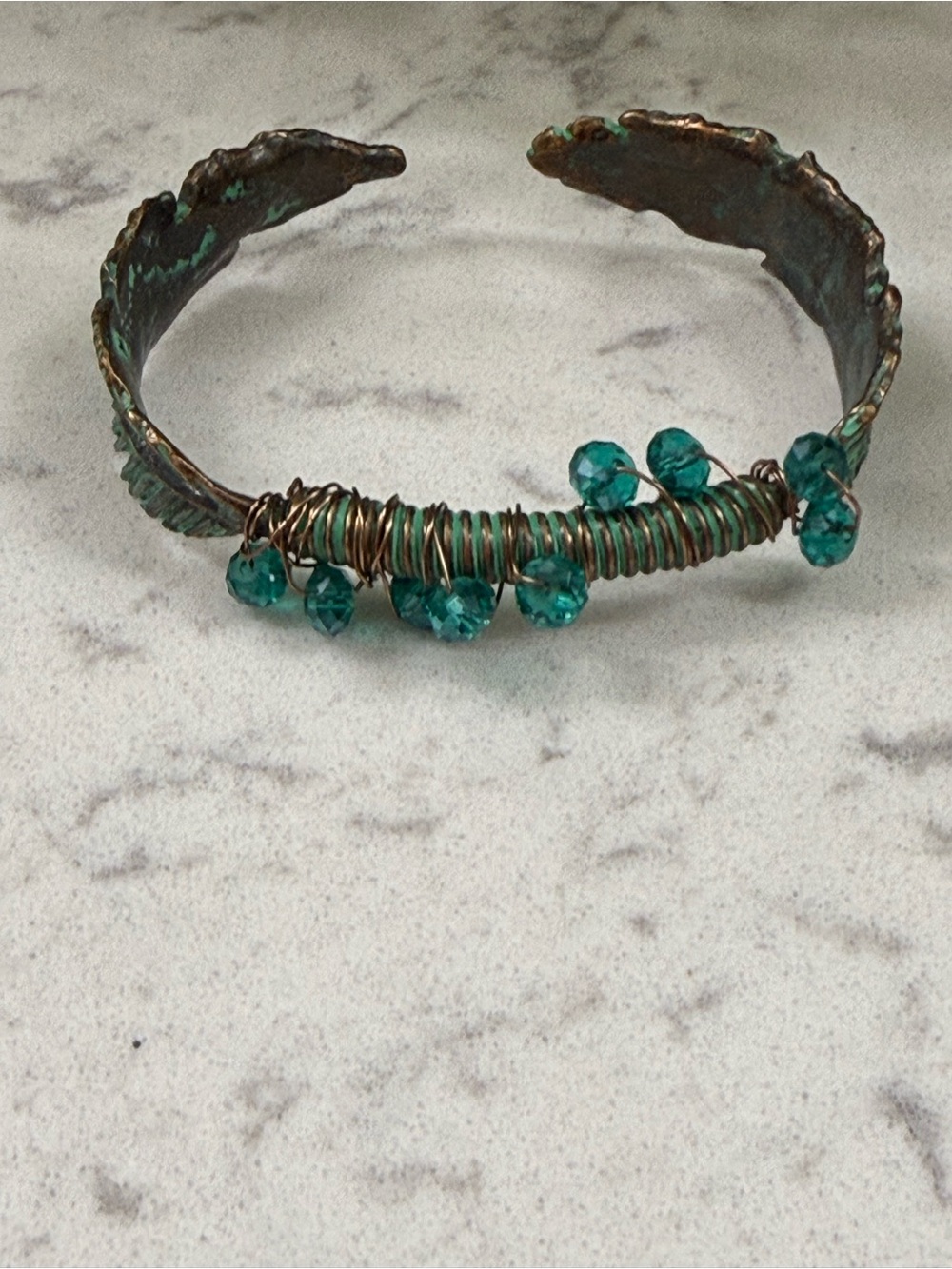 Handcrafted Patina Green Feather Cuff Bracelet - Women Jewelry